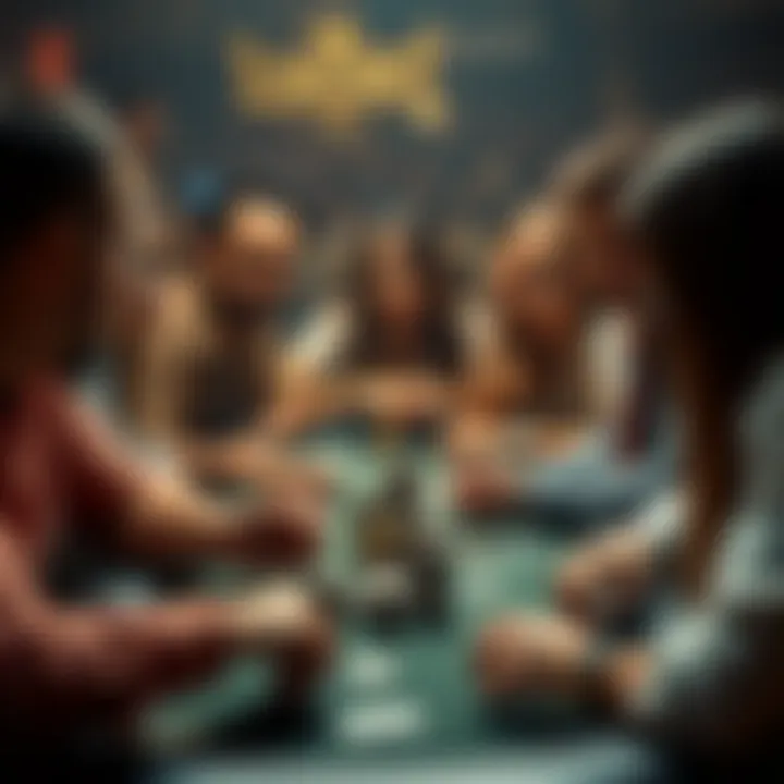 A group of players engaged in an intense game at a small table, with chips and cards in front of them, showing focus and excitement