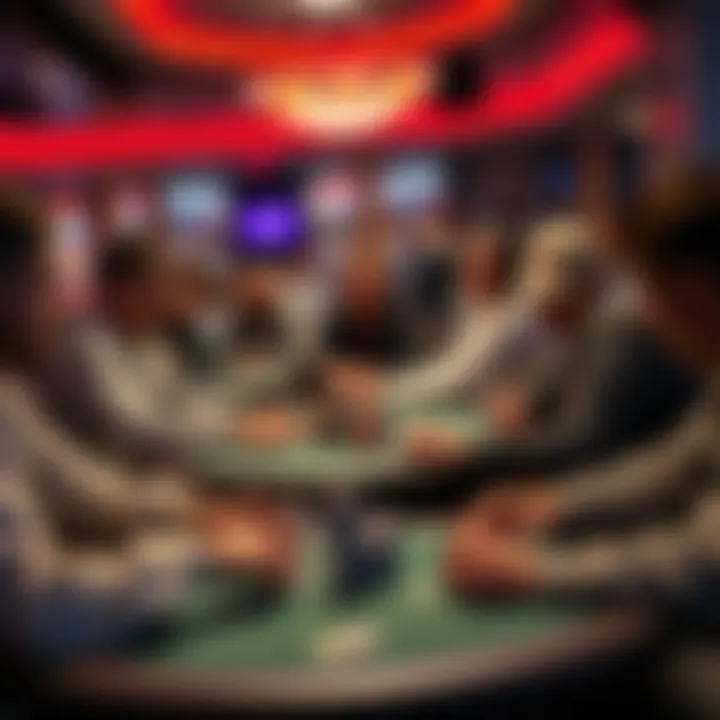 A group of players engaged at multiple poker tables, analyzing their strategies and reactions.