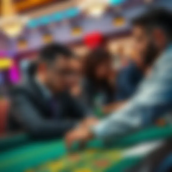 A group of players focused on a casino game, showing signs of excitement and tension as they place their bets