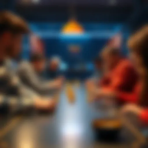 Players at a game table Group of people playing at a game table, focused on the game and considering their next move