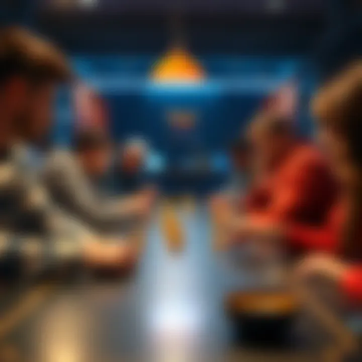 Players at a game table Group of people playing at a game table, focused on the game and considering their next move
