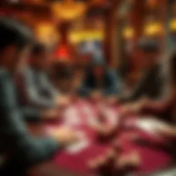 A group of players practicing low-risk strategies at a casino table with cards and chips spread out.