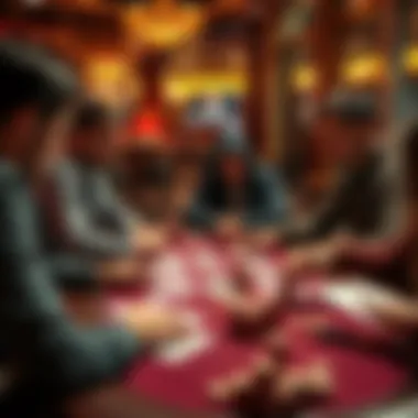 A group of players practicing low-risk strategies at a casino table with cards and chips spread out.