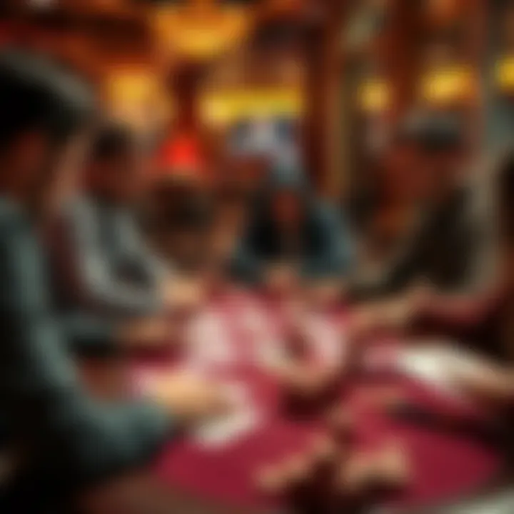 Players Practicing Casino Strategies A group of players practicing low-risk strategies at a casino table with cards and chips spread out.