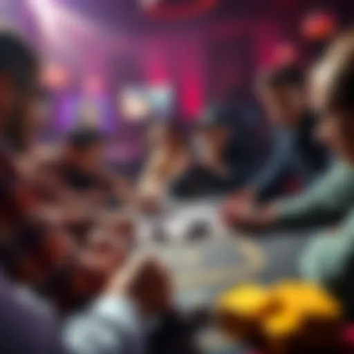 A group of people discussing gaming strategies with chips and cards on the table