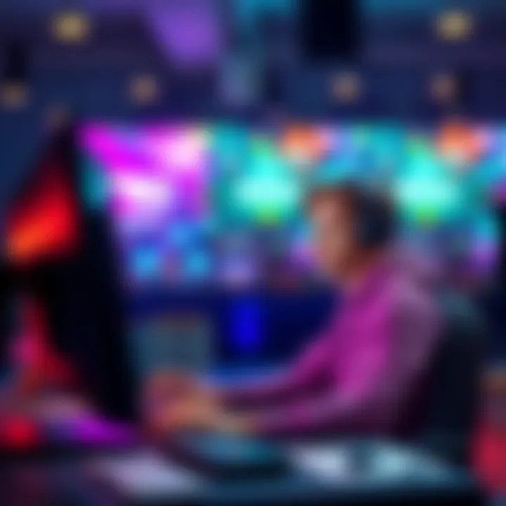 A person sitting in front of a computer playing a free game that offers cash rewards, with a focused expression on their face.