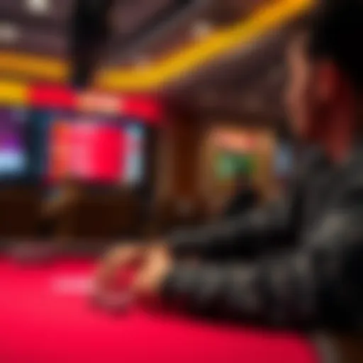 A player enjoying a game of poker at 7bitCasino with a stack of chips and a digital screen displaying cryptocurrency options.