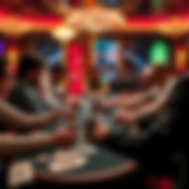 A lively poker table in Las Vegas with players focused on their hands, chips stacked in front of them, and cards visible on the table.