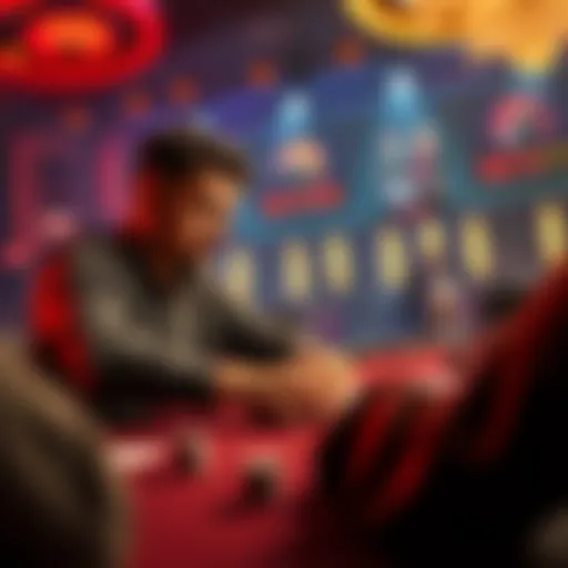 A player contemplating their next move at a poker table, focusing intently on their cards and the game ahead.