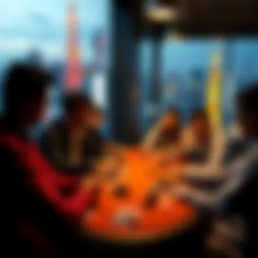 A group of people gathered around a poker table in Tokyo, each focused on their cards and chips, with a vibrant city backdrop visible through a window.