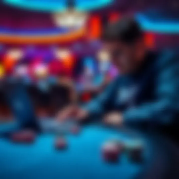 A poker player at WSOP Nevada with a laptop on the table and chips in front