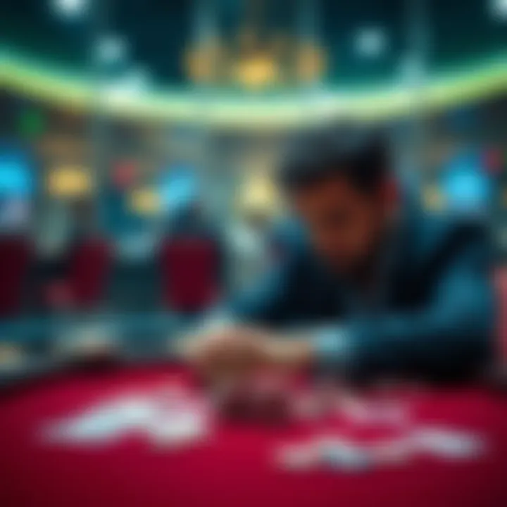 A player focused on the blackjack table with cards and chips in front of them