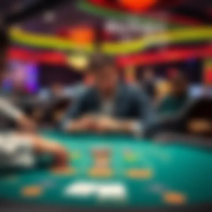 A person sitting at a blackjack table in a casino, focused on their cards and chips, with other players around