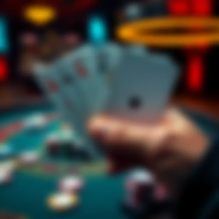 A hand holding playing cards showing a pair, with a poker table in the background