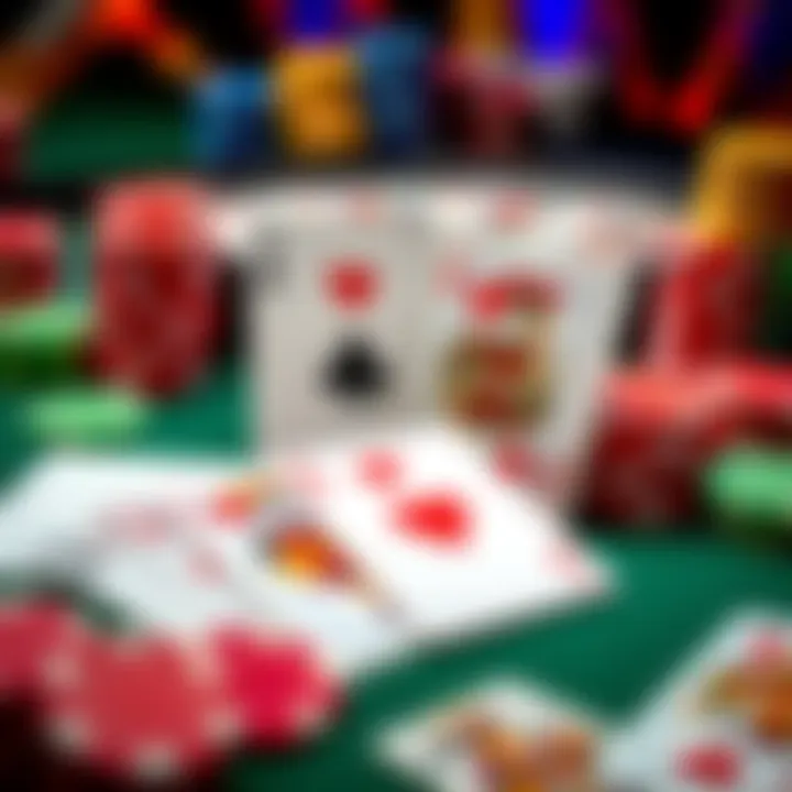 A table showing playing cards with creative names like 'Meredith, the Scottish Queen of the North' for Queen of Hearts, alongside colorful poker chips and cards in play.