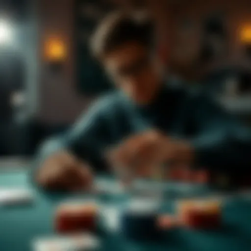 A person focused on playing a card game of Hi-Lo at a table with cards spread out