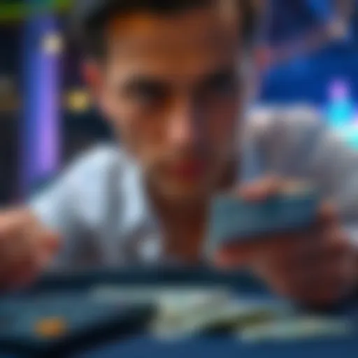 A person considering whether to continue playing or cash out their winnings, with a calculator and cash in front of them.