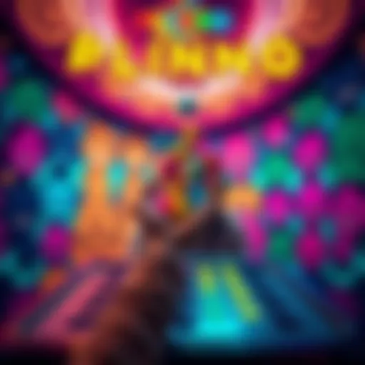 A person enjoying a vibrant Plinko game, dropping colorful balls into a board, with a background of smiling faces and relaxing colors.