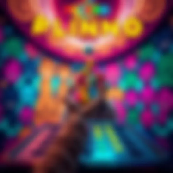 Playing Plinko for stress relief A person enjoying a vibrant Plinko game, dropping colorful balls into a board, with a background of smiling faces and relaxing colors.