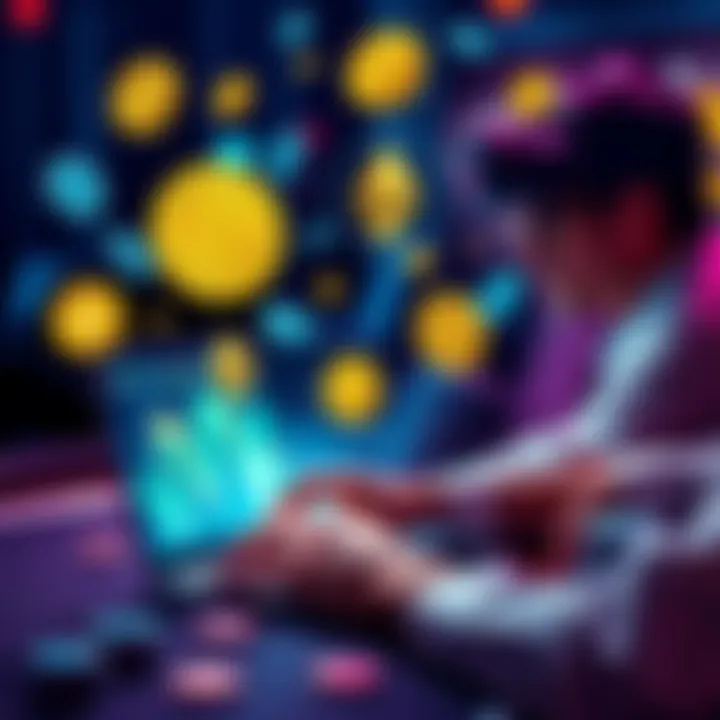 A person playing poker online with a laptop, surrounded by cryptocurrency symbols like Bitcoin, Ethereum, and USDT.