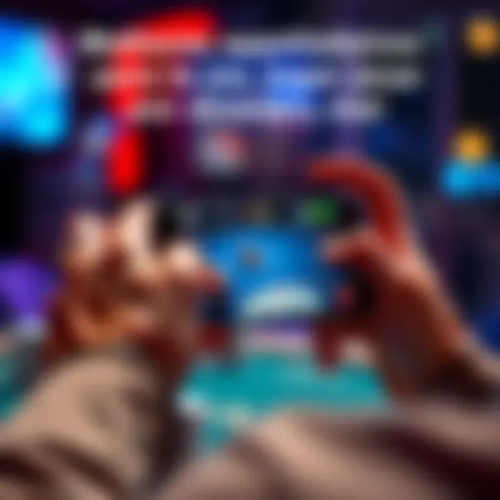 A person holds a smartphone displaying a poker app with chips and cards on the screen