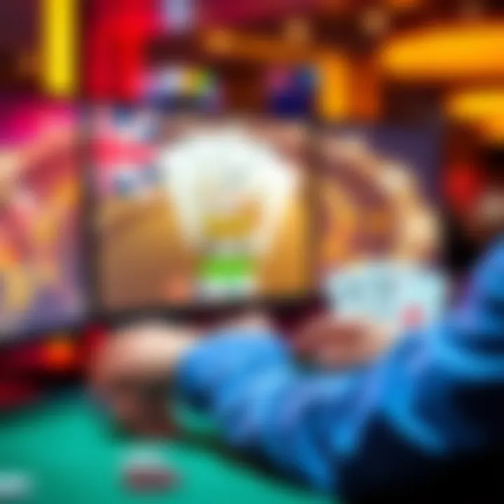 A person playing poker online on a computer, with cards and chips visible on the screen, symbolizing online poker in Australia.