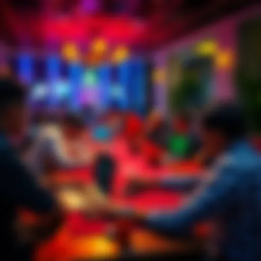 A group of players enjoying an online poker game at a table with laptops in Vietnam