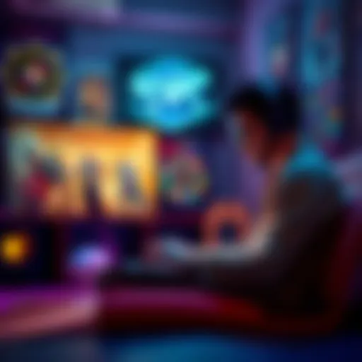 A person using a laptop with a VPN connection to play SpinQuest, sitting in a cozy room with gaming posters on the walls.