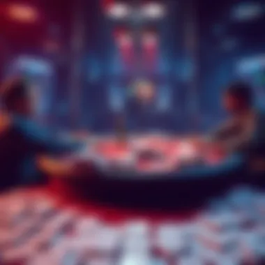 Two poker tables featuring players dealing and playing Texas Hold'em with multiple decks of cards spread out