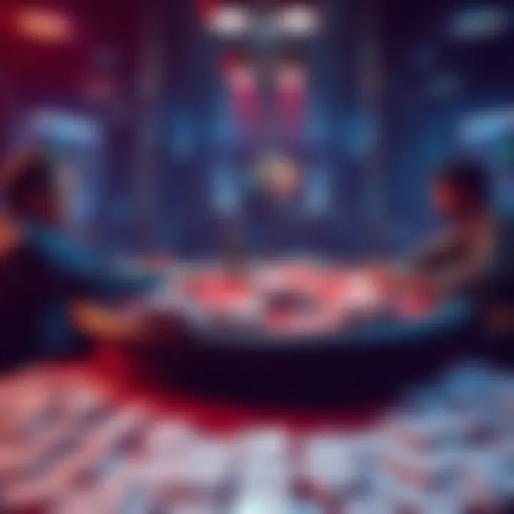 Two poker tables featuring players dealing and playing Texas Hold'em with multiple decks of cards spread out