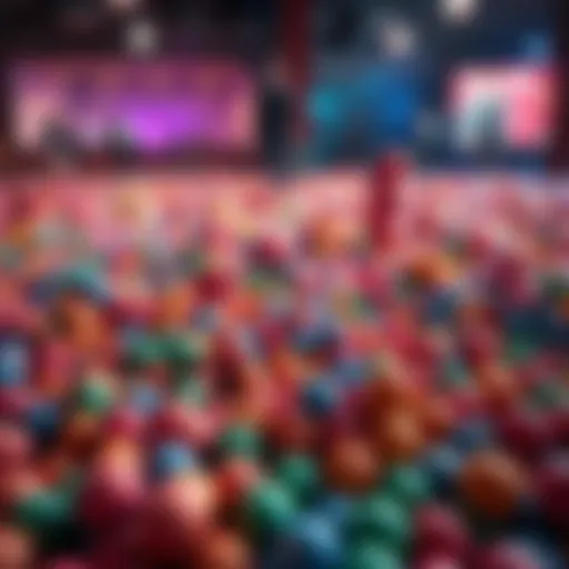 A large number of colorful plink balls scattered on the ground, with people gathered around discussing what to do next.