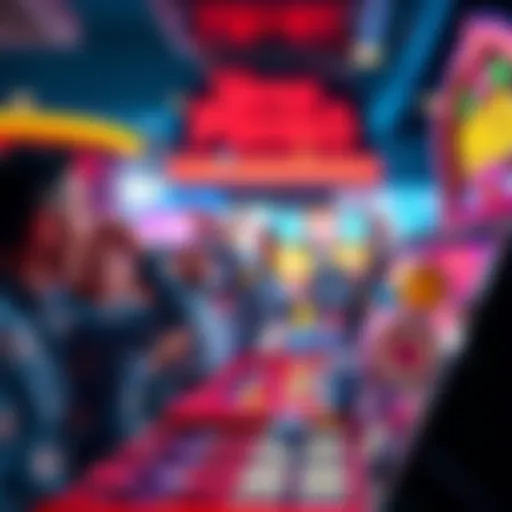 Players celebrating big wins in a plinko game, with colorful chips dropping into slots and cheering in the background