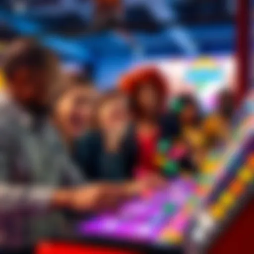 A group of people playing Plinko on a digital platform, with excitement on their faces and colorful chips falling down the board.