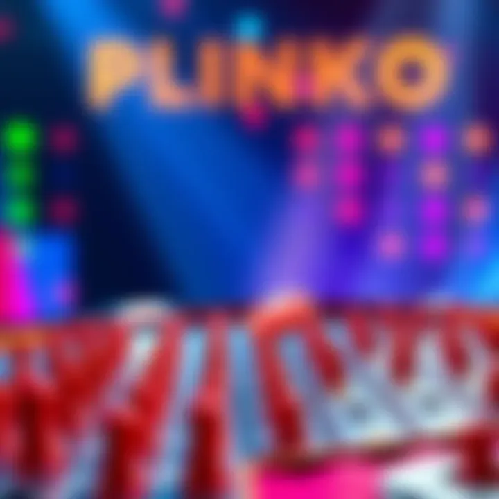 A colorful Plinko game board with pegs and slots, showcasing a player dropping a chip into the board for a chance to win.