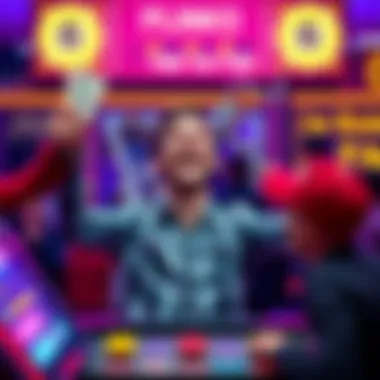 Plinko Game Moment A person celebrating a win at a Plinko game, showing excitement and joy while holding cash.