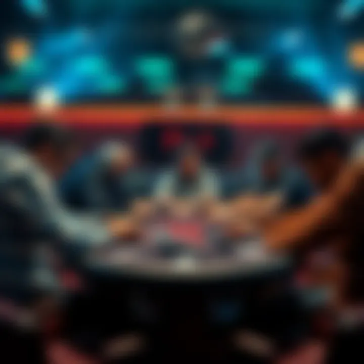 A group of players engaged in a PLO poker game at a local table, discussing high hand bonuses.