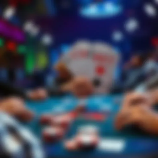 A poker table showing cards AAKT and a player contemplating their next move with a stressed expression, surrounded by competitors in a tense atmosphere.