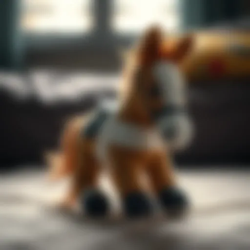 A plush horse toy wearing a bandage, representing a tribute to a deceased horse, placed on a soft surface.