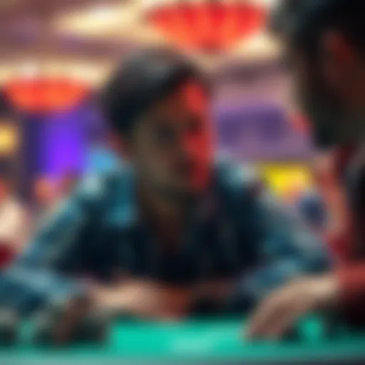A poker player contemplating a bluff at the river in a tense game, with a conservative opponent in focus.