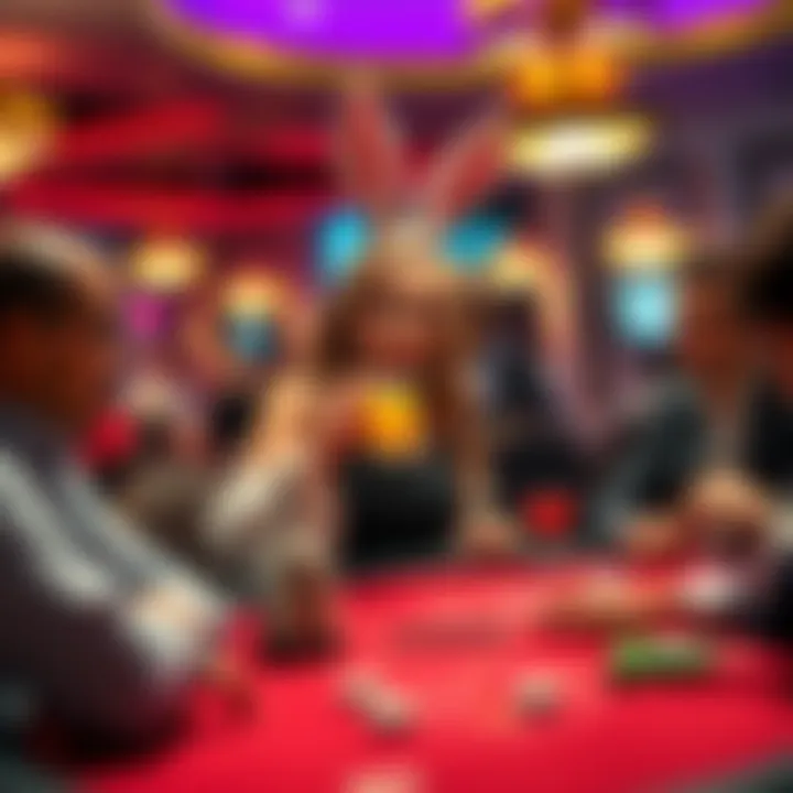 A woman known as Poker Bunny takes a drink from a waiter at a poker table, while other players look surprised at the unexpected event.