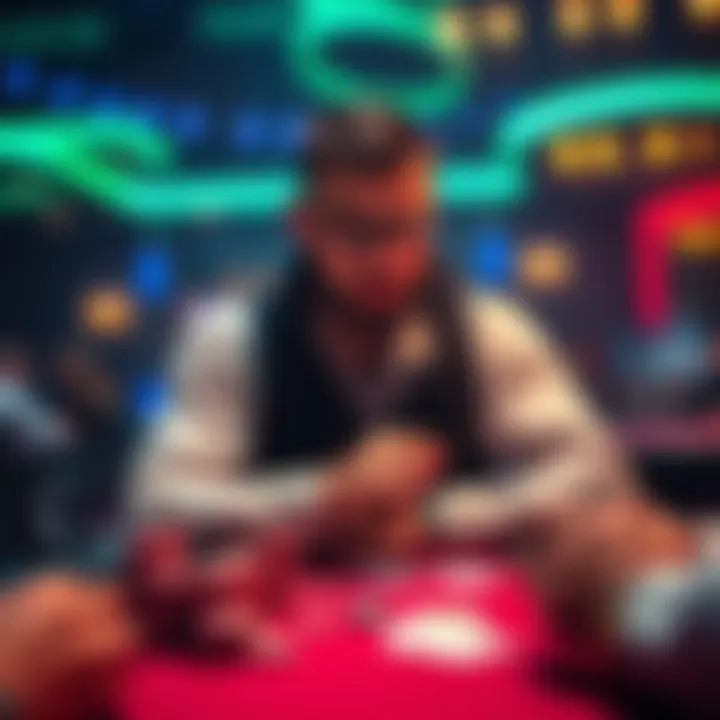 A focused poker player at a table with chips and cards, pondering the right buy-in amount for a game, showing a mix of determination and thoughtfulness.