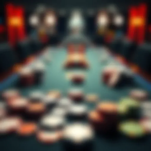 A table set up for a home poker game with 300 chips in different colors and values evenly distributed.