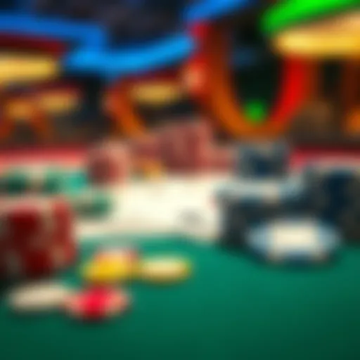 A close-up view of poker chips and cards on a casino table, showing a lively gaming atmosphere.