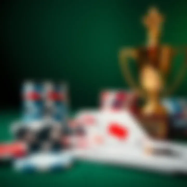 A close-up of poker chips and cards next to a champion trophy, symbolizing a high-stakes poker competition.