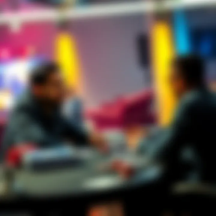 A poker coach and a player discussing strategies at a table with cards and chips