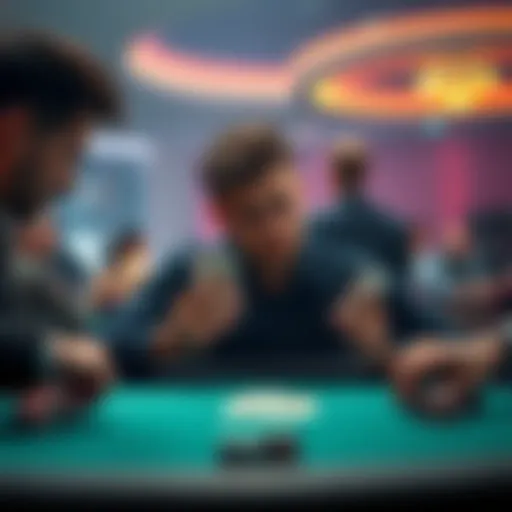 A player contemplating a critical poker decision at a table, with cards in hand and a focused expression, against a backdrop of poker chips and an opponent looking passive.
