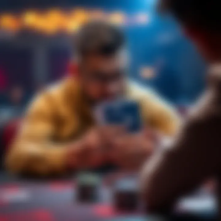 A poker player with a tense expression, holding cards tightly, looking at his opponent across the table, with chips stacked on the table, reflecting a moment of uncertainty.