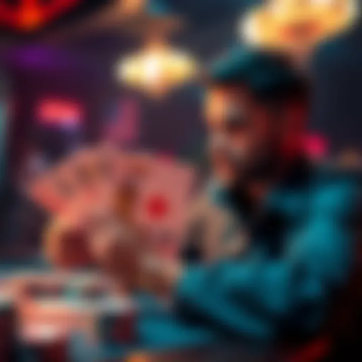 A player contemplating a poker hand with Kings in hand and a tense game atmosphere.