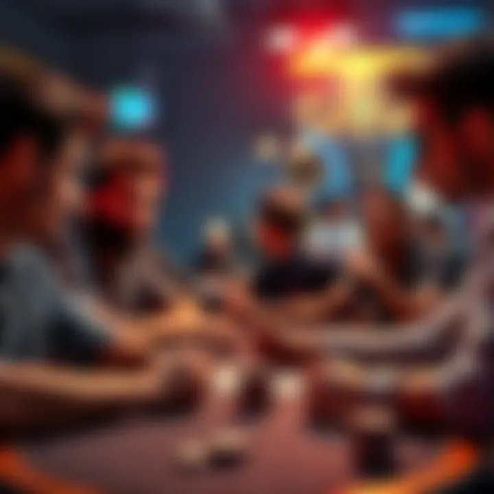 Poker discussion session A group of students discussing poker strategies at a table with cards and chips.