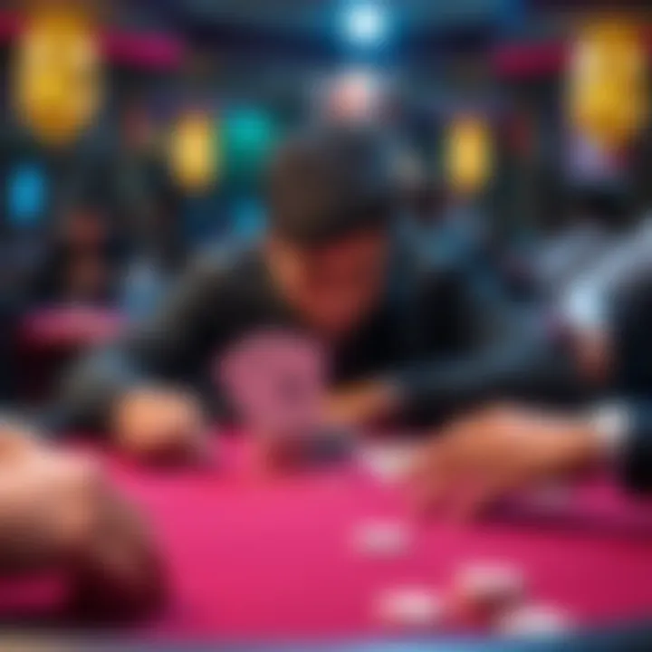 A poker table scene showing a player frustrated after losing with pocket Aces to another player who has quads with sixes.